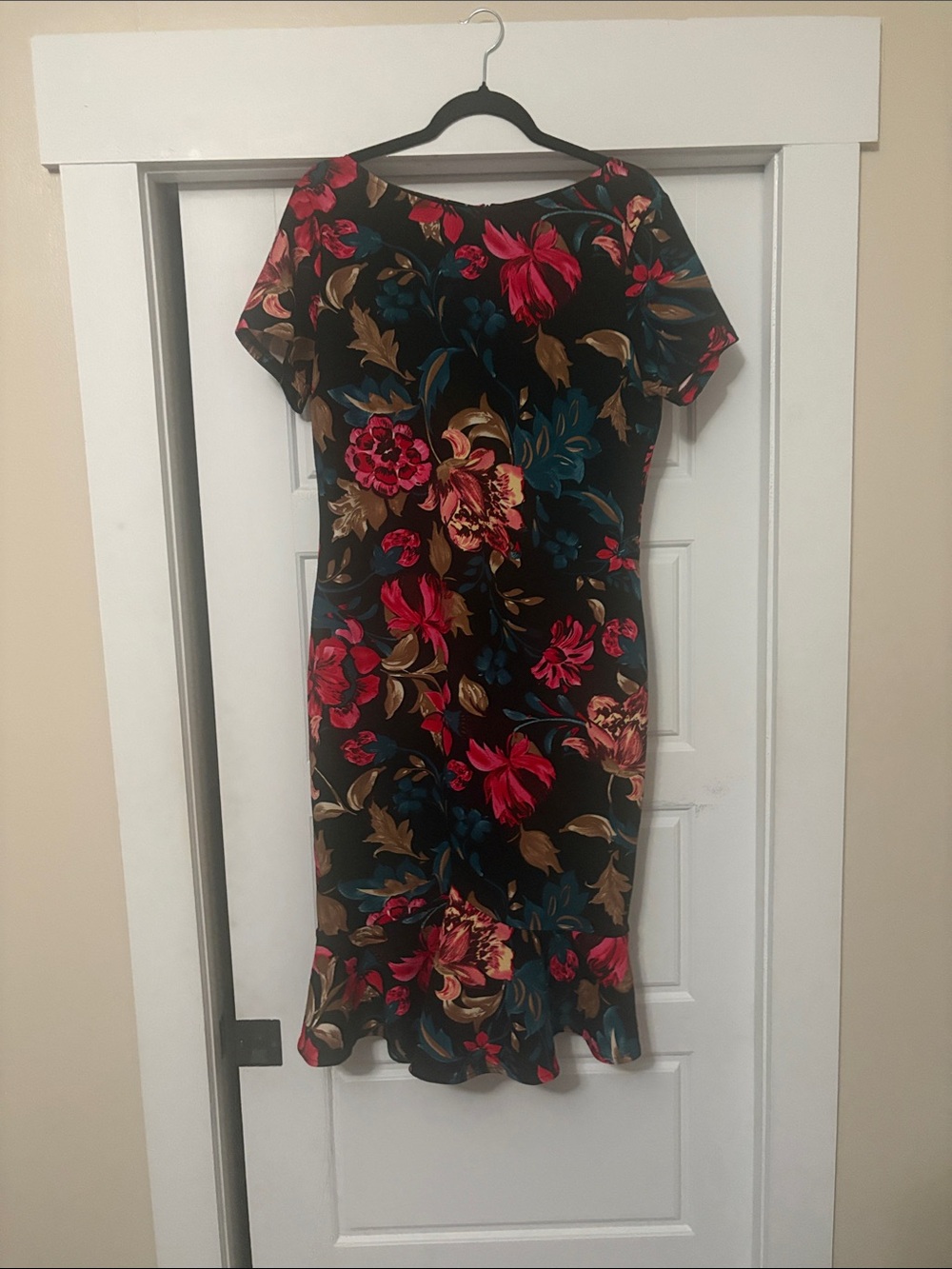 Black Floral Midi Dress with Red & Teal Accents